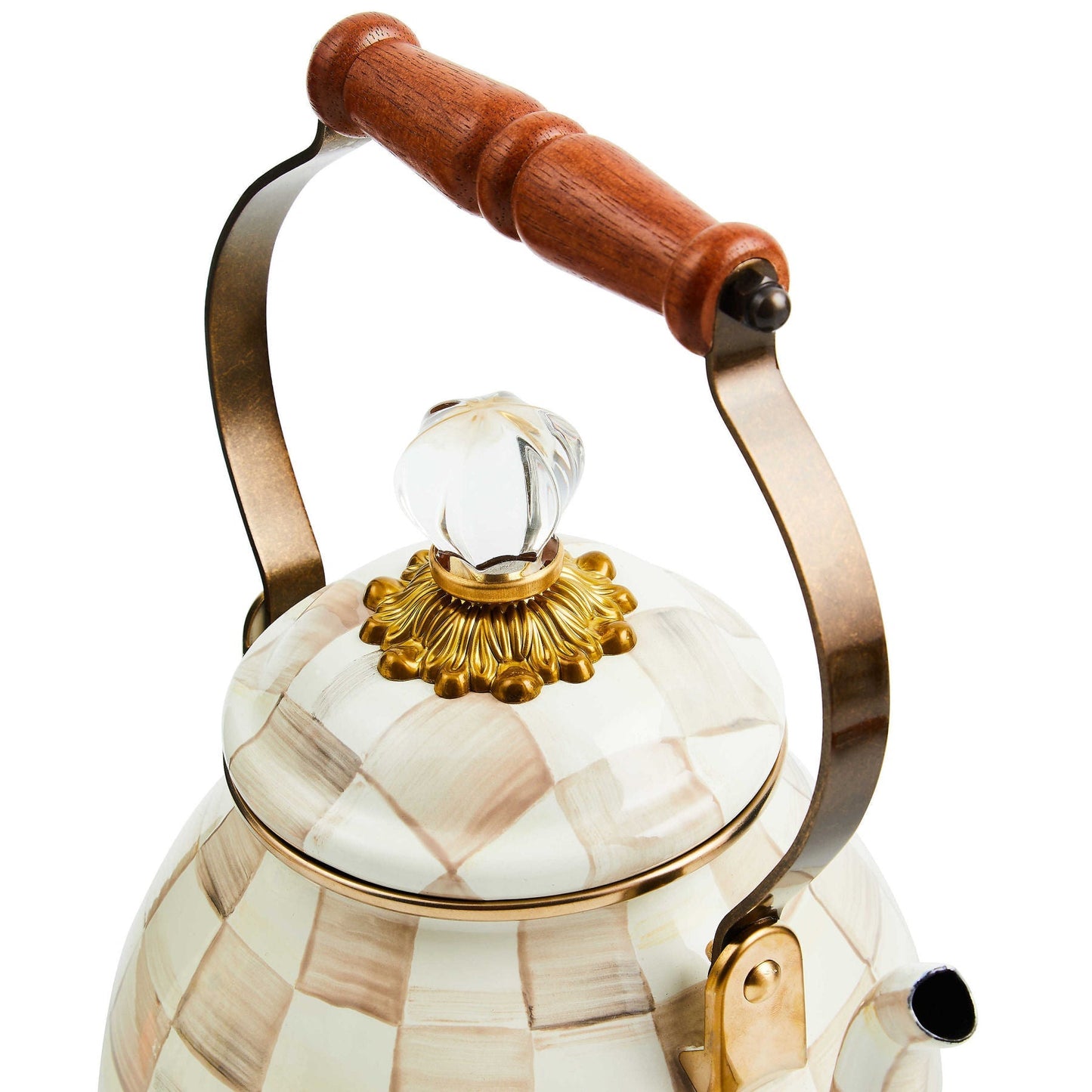 Čajová konvice Mocha Check (1,89 L) od MacKenzie-Childs, ručně malovaná, kávový kostkovaný vzor, Waterfall Bathrooms.