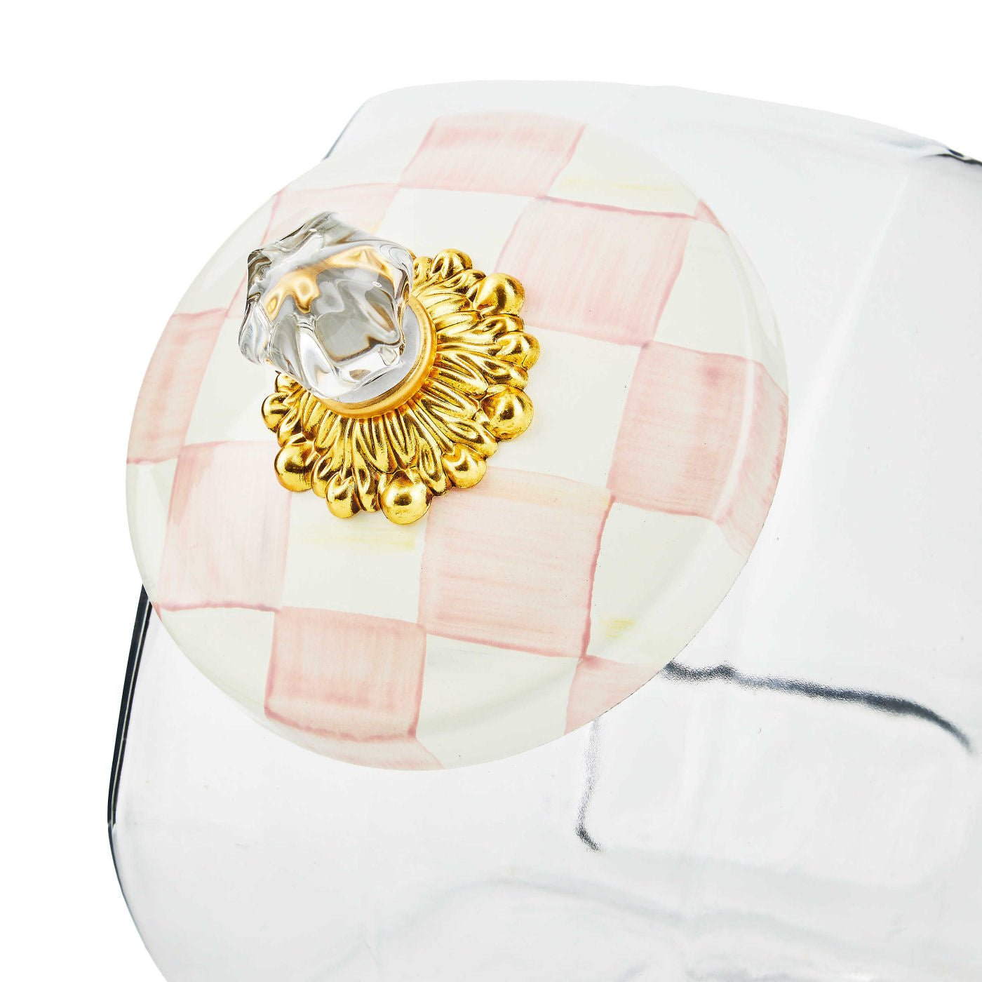MacKenzie-Childs Dóza na sušenky s víkem Rosy Check, sklo, smalt, růžový vzor, 2.27 L, Waterfall Bathrooms