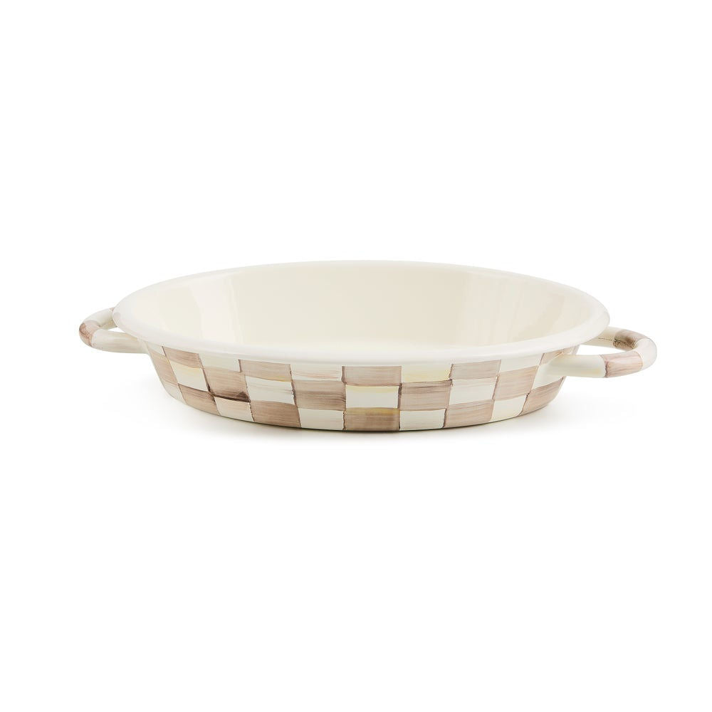 Luxusní střední oválná zapékací mísa MacKenzie-Childs Mocha Check hnědo-bílý Waterfall Bathrooms