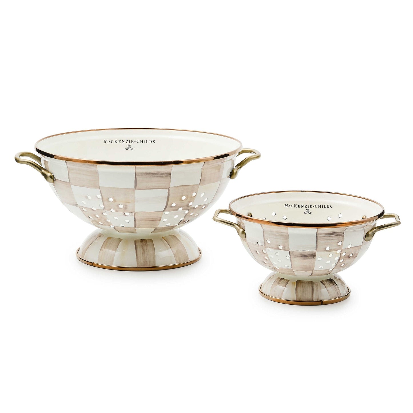 Designový malý ocelový cedník s ručně malovaným kávovým vzorem a mosaznými úchyty Mocha Check Small Colander MacKenzie-Childs Waterfall Bathrooms