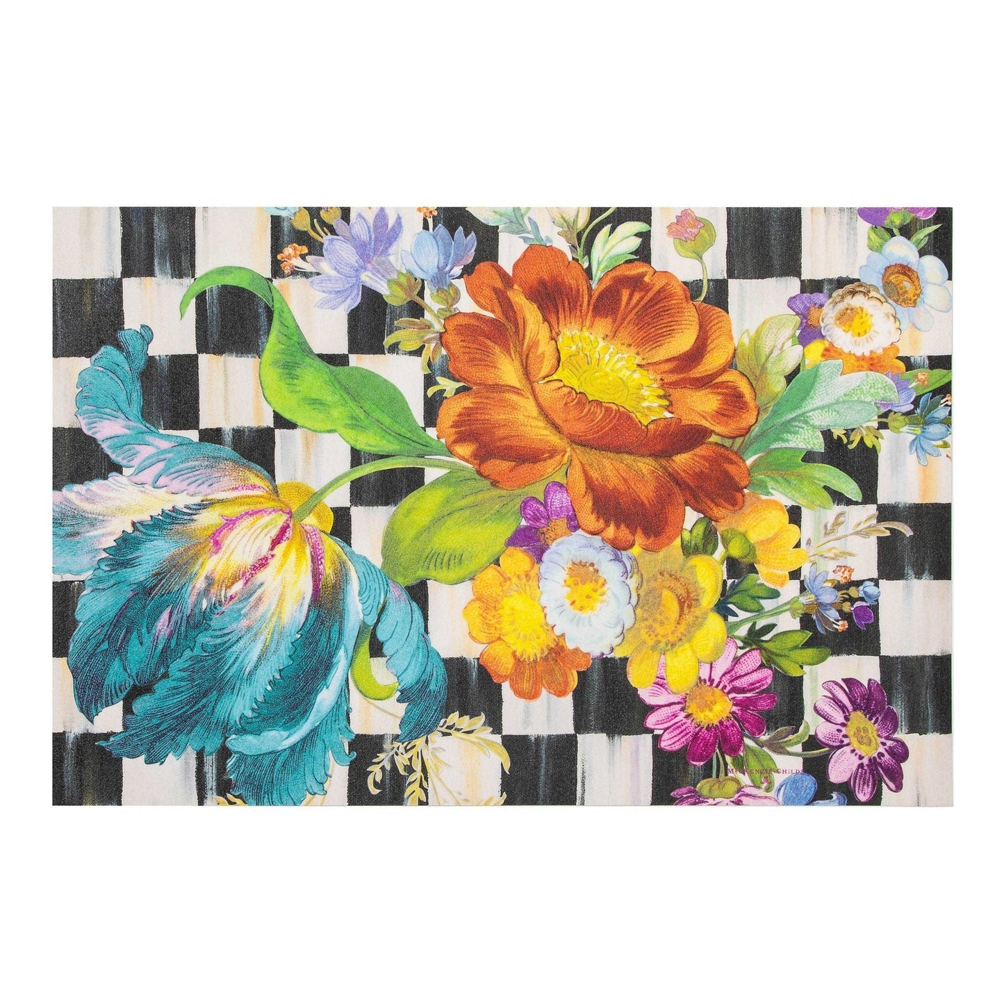 Designová protiskluzová podložka s květinovým vzorem a černobílými kostkami Courtly Flower Market Floor Mat MacKenzie-Childs Waterfall Bathrooms