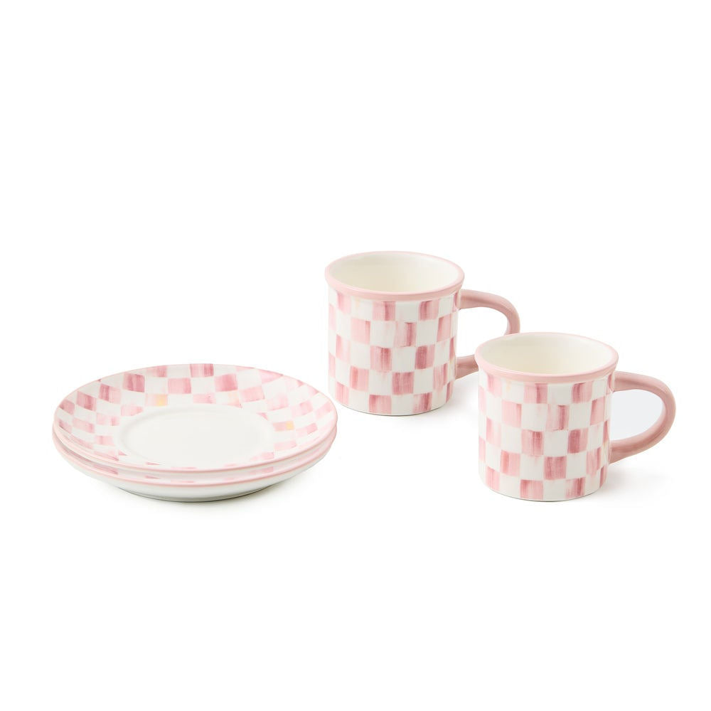 MacKenzie-Childs Sada šálků a podšálků na espresso Rosy Check, 2 ks, kamenina, růžový vzor, 119 ml, Waterfall Bathrooms