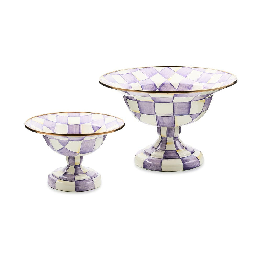 Luxusní fialovo-bílá smaltovaná mísa na nožce Violet Check Small od MacKenzie-Childs s bronzovým okrajem Waterfall Bathrooms