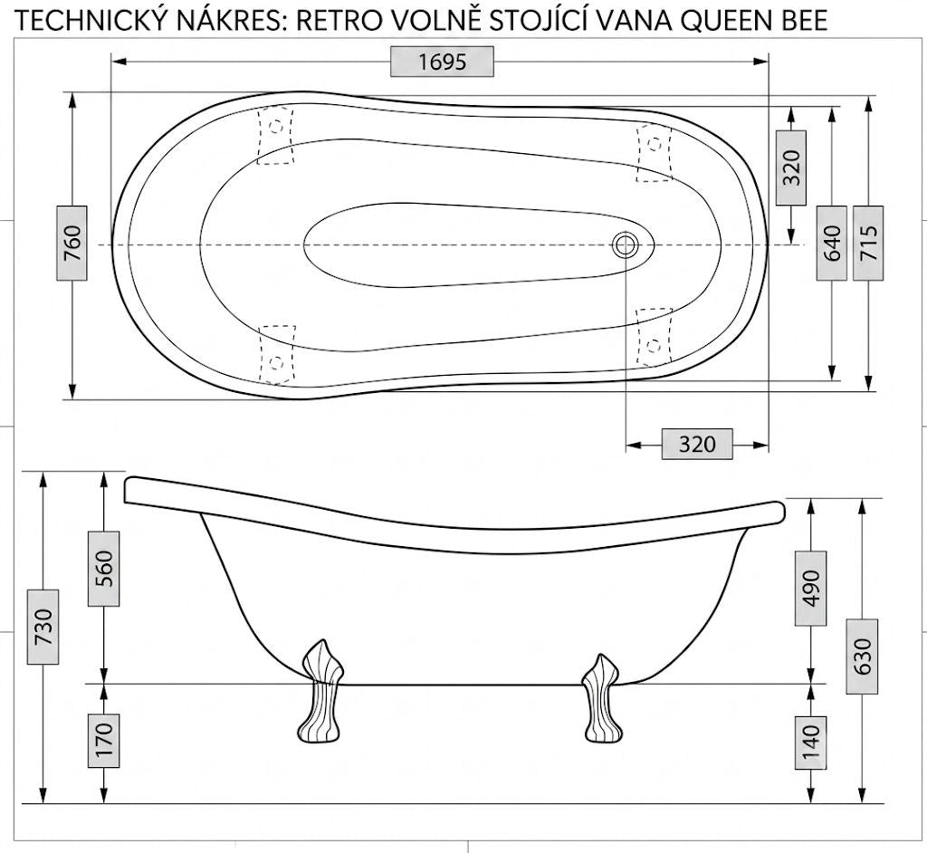 Žlutá retro volně stojící masivní vana Queen Bee