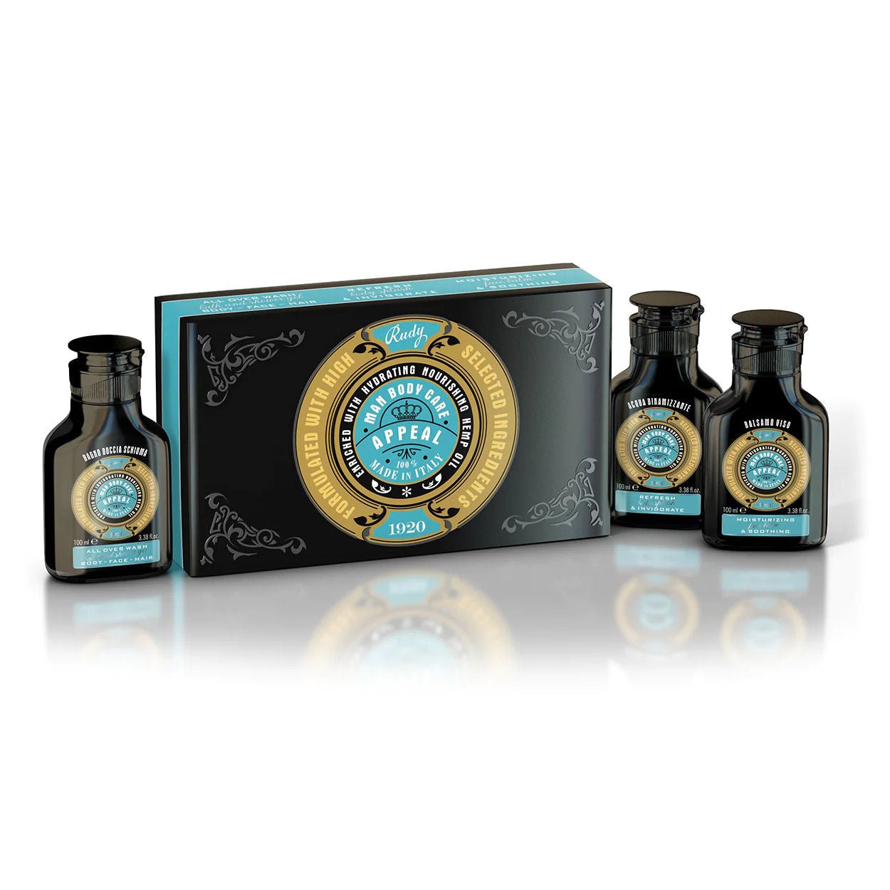Rudy Profumi Cestovní sada pro muže Appeal, 3 x 100 ml, All-Over Wash, Body Splash, Face Balm, vůně bergamot a tymián, Waterfall Bathrooms