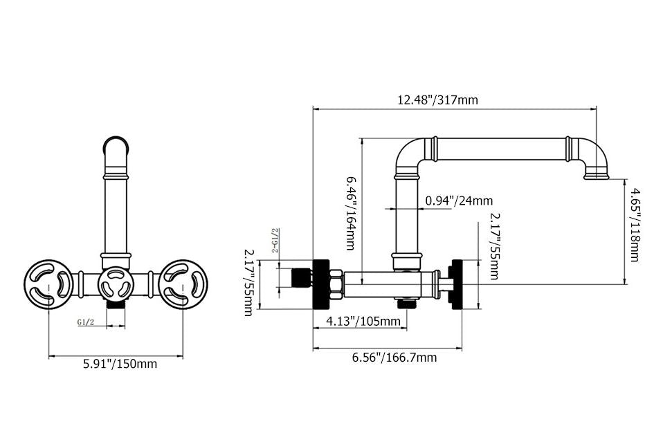 Nástěnná vanová baterie v designu vodovodních trubek v barvě broušený nikl se sprchovým setem Waterfall Bathrooms