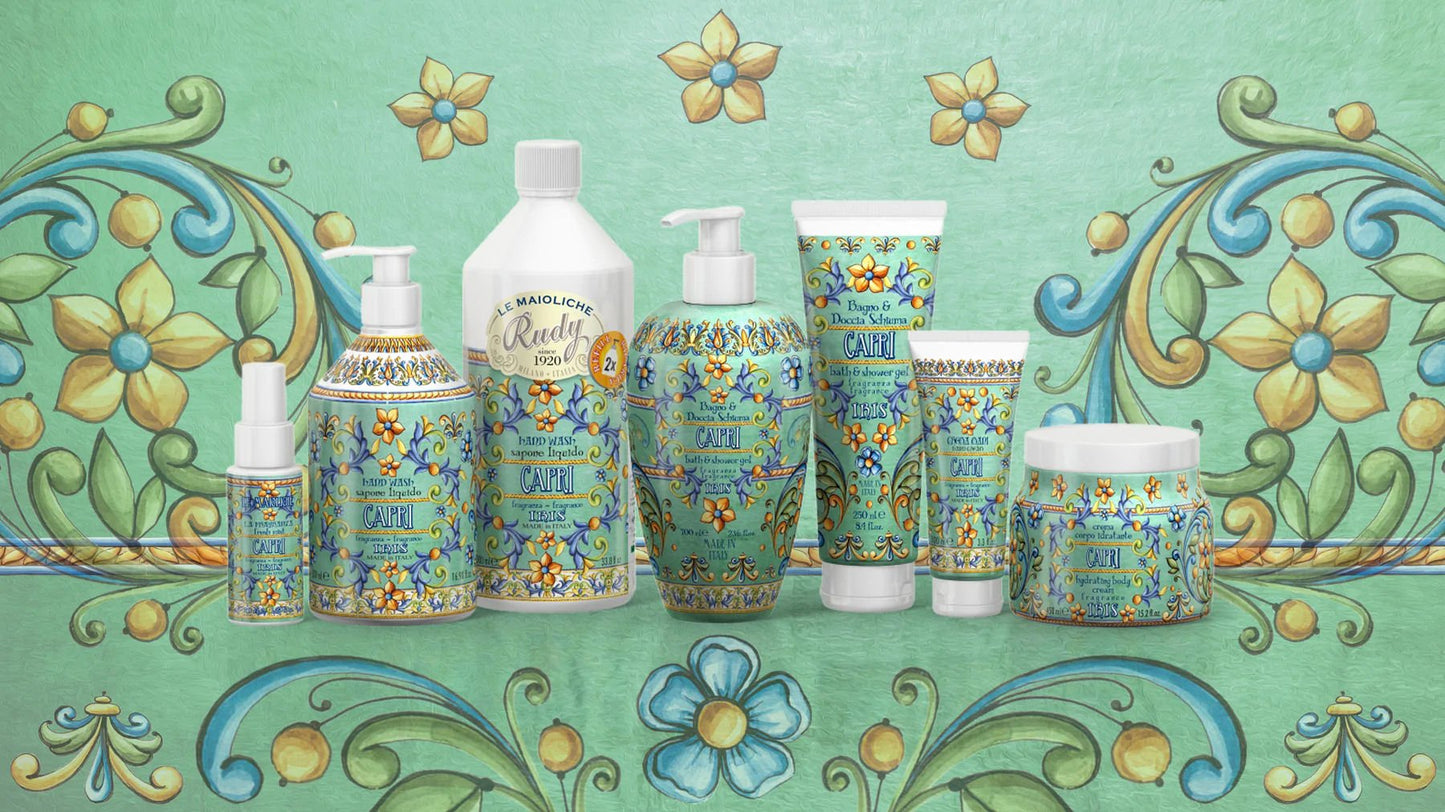 Sprchový gel a pěna do koupele Rudy Profumi Iris of Capri, s vůní Iris a Ylang Ylang, 700 ml, Waterfall Bathrooms.