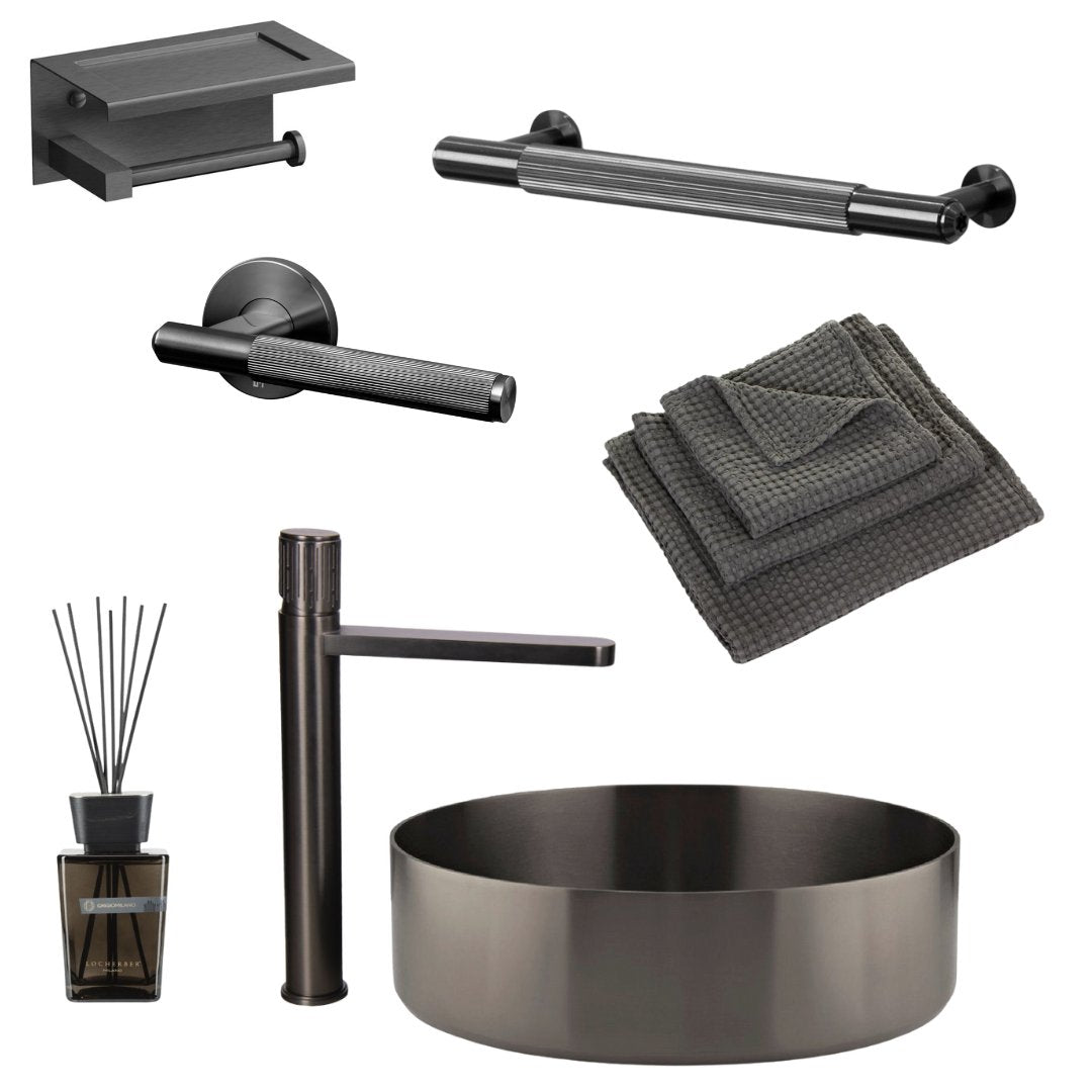 Vysoká designová umyvadlová baterie v barvě Gun Metal k umyvadlu na desku Waterfall Bathrooms