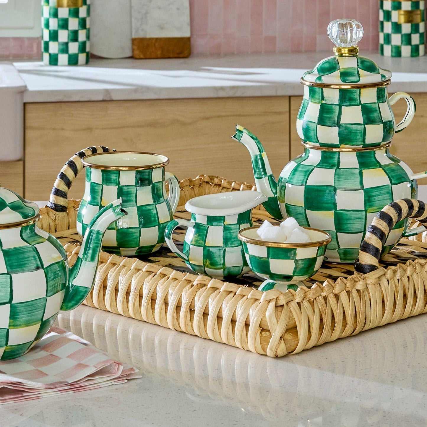 MacKenzie-Childs Malá cukřenka Emerald Check, smaltovaná ocel, zelené kostky, Waterfall Bathrooms