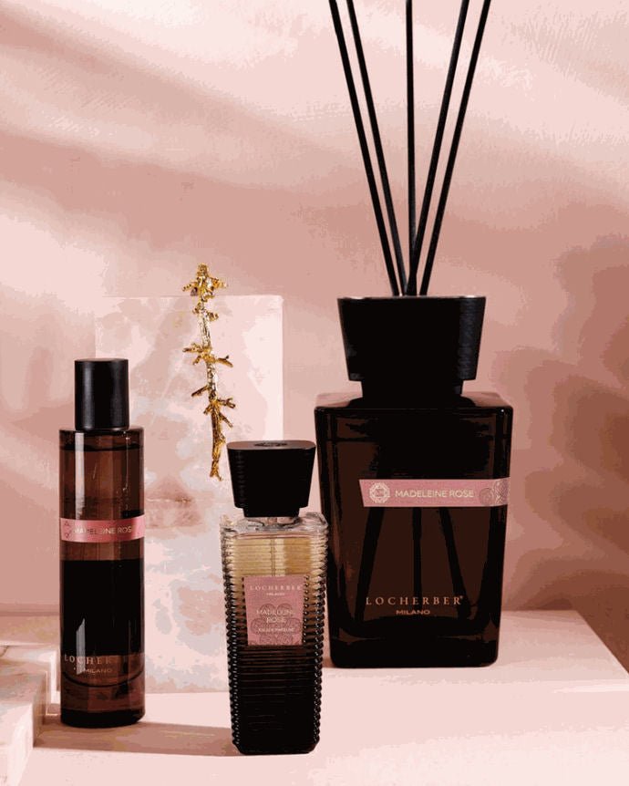 Aroma difuzér Madeleine Rose od Locherber Milano, vůně damašská růže, jahoda, eukalyptus a vanilka, Waterfall Bathrooms.