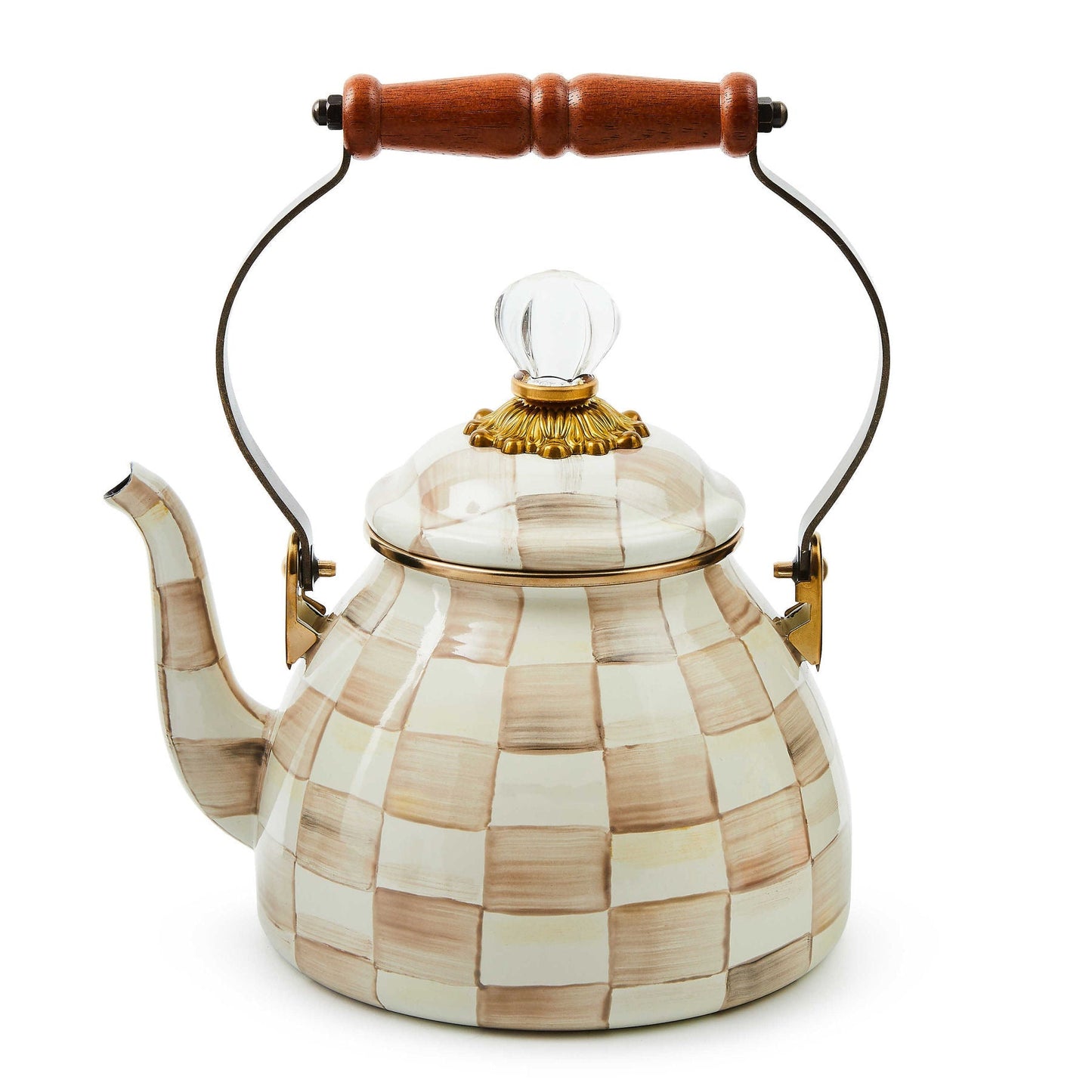 Čajová konvice Mocha Check (1,89 L) od MacKenzie-Childs, ručně malovaná, kávový kostkovaný vzor, Waterfall Bathrooms.
