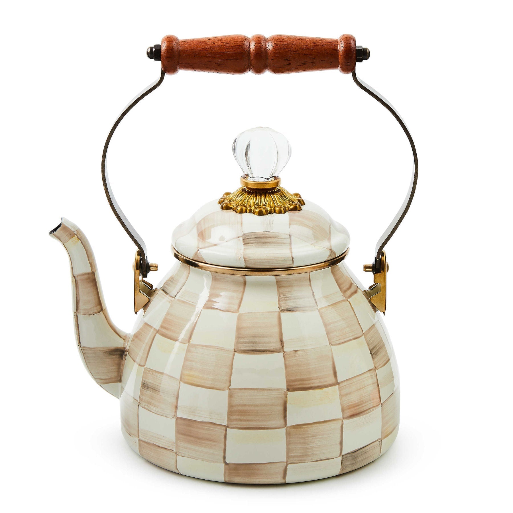 Čajová konvice Mocha Check (1,89 L) od MacKenzie-Childs, ručně malovaná, kávový kostkovaný vzor, Waterfall Bathrooms.
