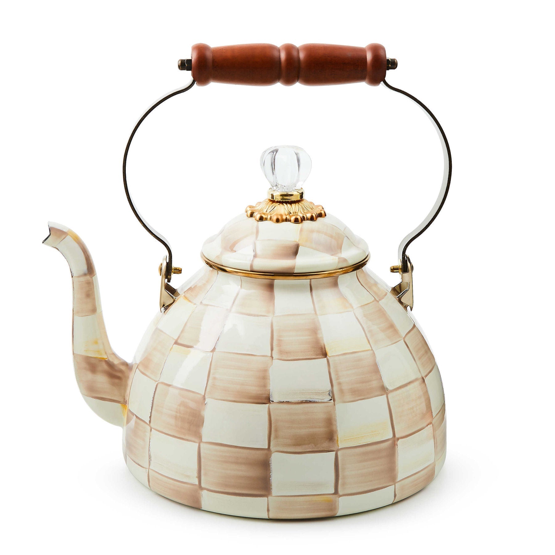 Čajová konvice Mocha Check (2,84 L) od MacKenzie-Childs, ručně malovaná, kávový kostkovaný vzor, Waterfall Bathrooms.
