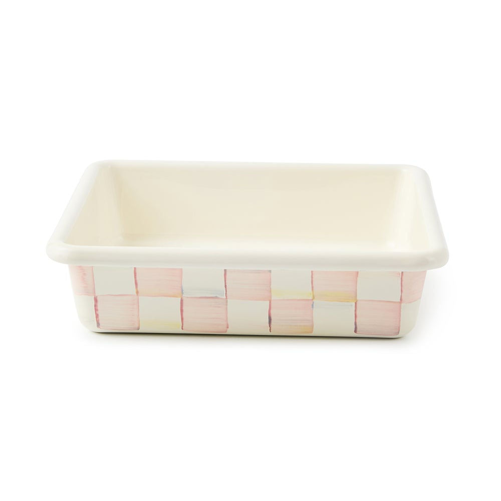 Čtvercová ocelová forma na pečení s ručně malovaným růžovým kostkovaným vzorem Rosy Check Square Baking Pan MacKenzie-Childs Waterfall Bathrooms