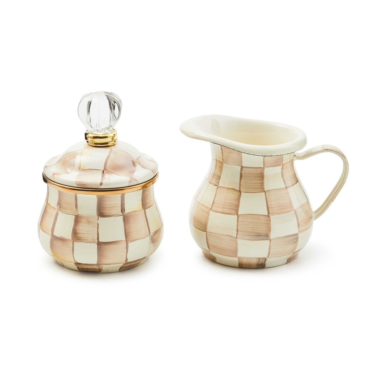 Smaltovaná cukřenka Mocha Check od MacKenzie-Childs s kávovým kostkovaným vzorem a skleněným knopem, Waterfall Bathrooms.