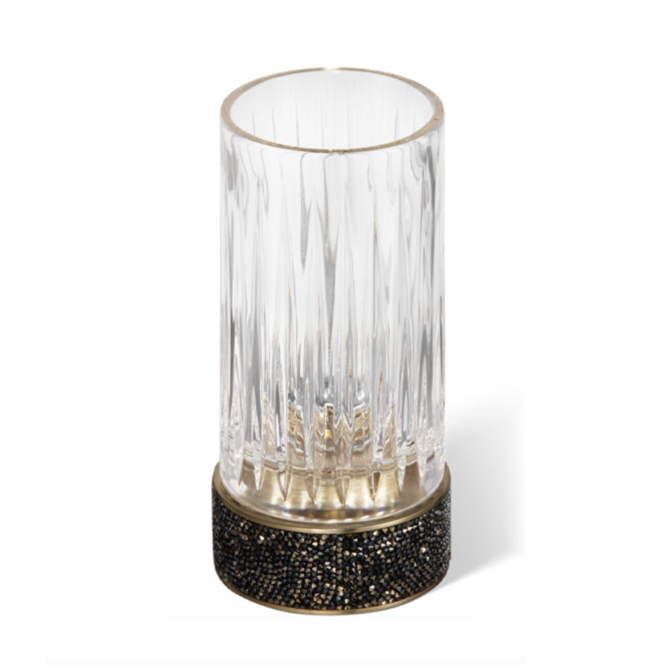 Luxusní volně stojící dávkovač mýdla Decor Walther z kolekce Rocks v provedení tmavý bronz a matné zlato, zdobený prstencem z krystalů Swarovski.