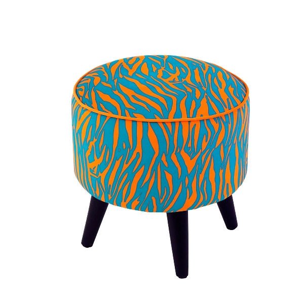 Luxusní designový sametový taburet Zebra ve výrazné tyrkysovo-oranžové kombinaci s černými dřevěnými nožkami elegantně oživí každý moderní interiér. - Waterfall Bathrooms