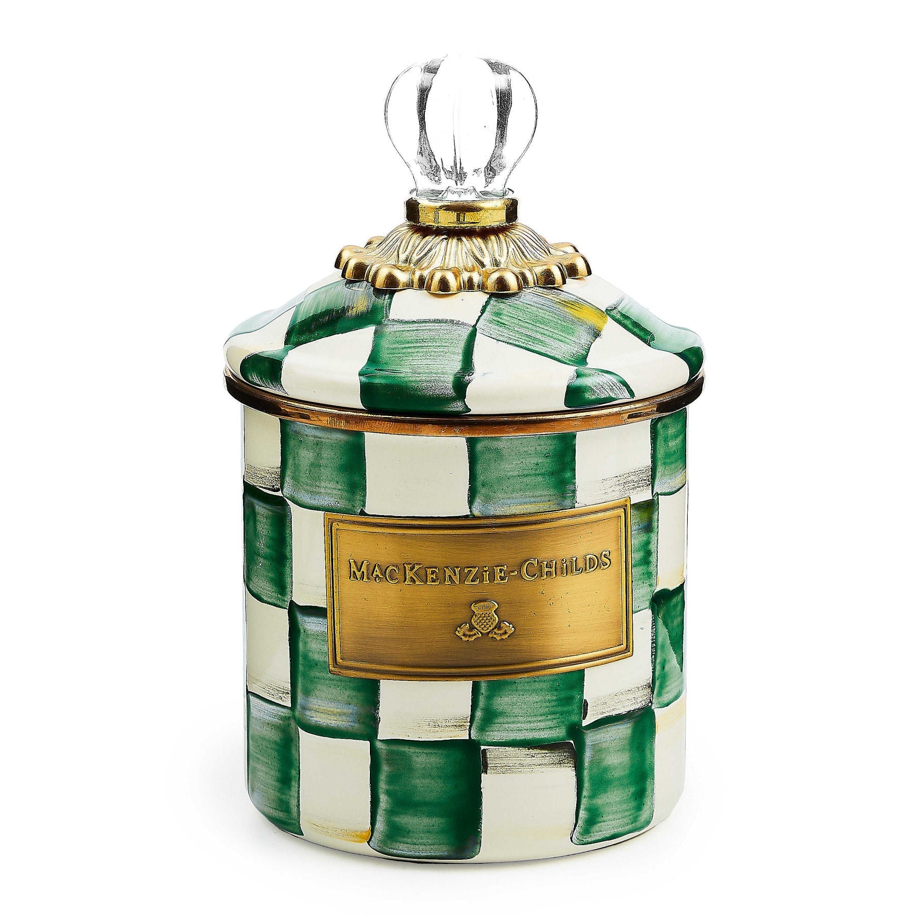 Dóza Demi Emerald Check od MacKenzie-Childs, smaltovaná ocel, se skleněnou rukojetí a zeleným kostkovaným vzorem, 700 ml, Waterfall Bathrooms.