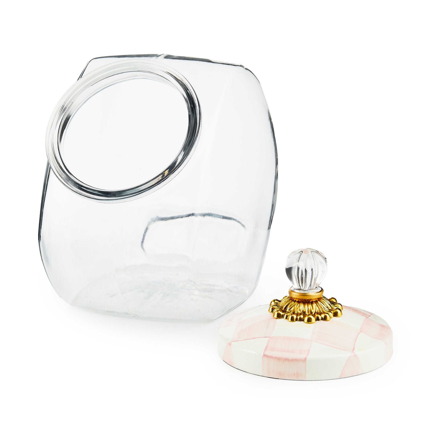 MacKenzie-Childs Dóza na sušenky s víkem Rosy Check, sklo, smalt, růžový vzor, 2.27 L, Waterfall Bathrooms