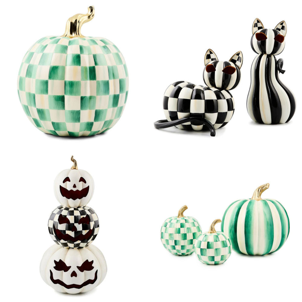 Dekorativní dýně Emerald Check (malá) od MacKenzie-Childs, zelený šachovnicový vzor a zlatý stonek, podzimní a halloweenská dekorace, Waterfall Bathrooms.
