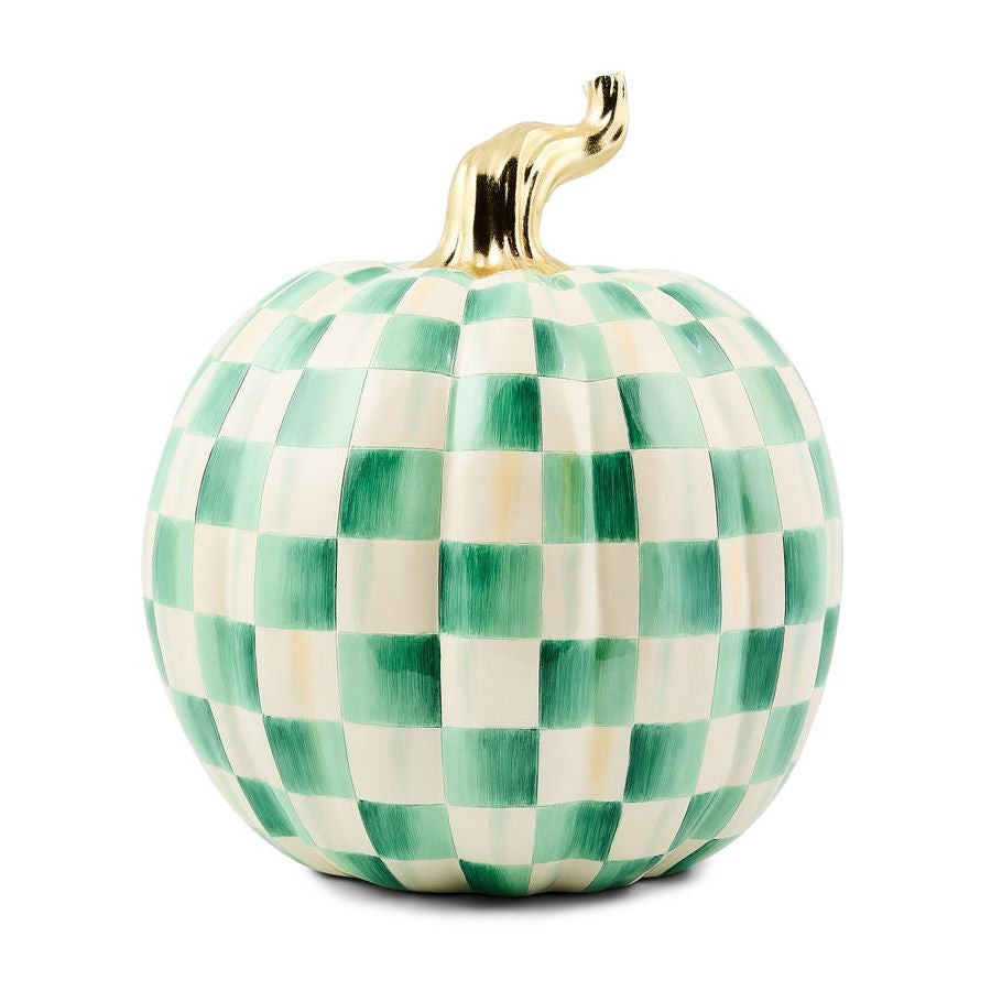 Dekorativní dýně Emerald Check (velká) od MacKenzie-Childs, zelený kostkovaný vzor a zlatý stonek, podzimní a halloweenská dekorace, Waterfall Bathrooms.
