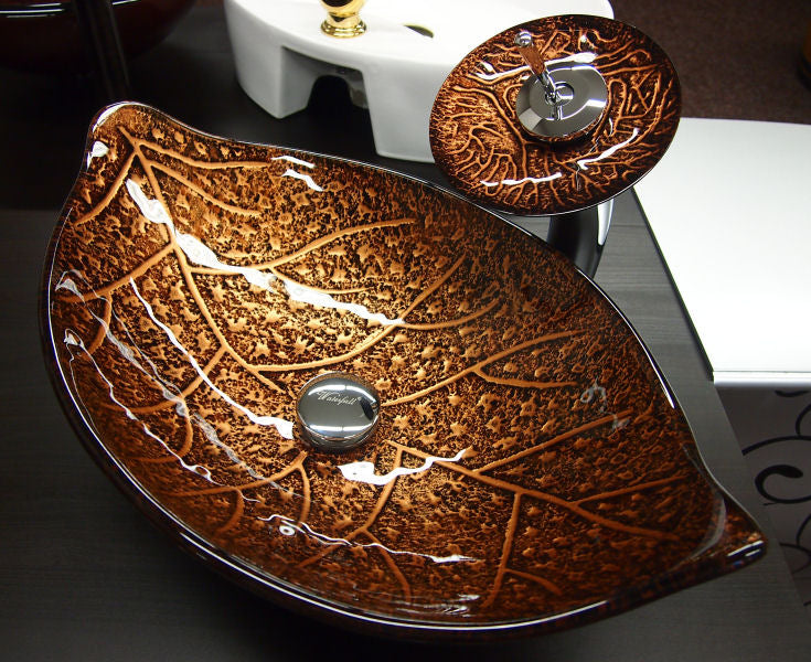 Designové skleněné hnědé umyvadlo LEAF