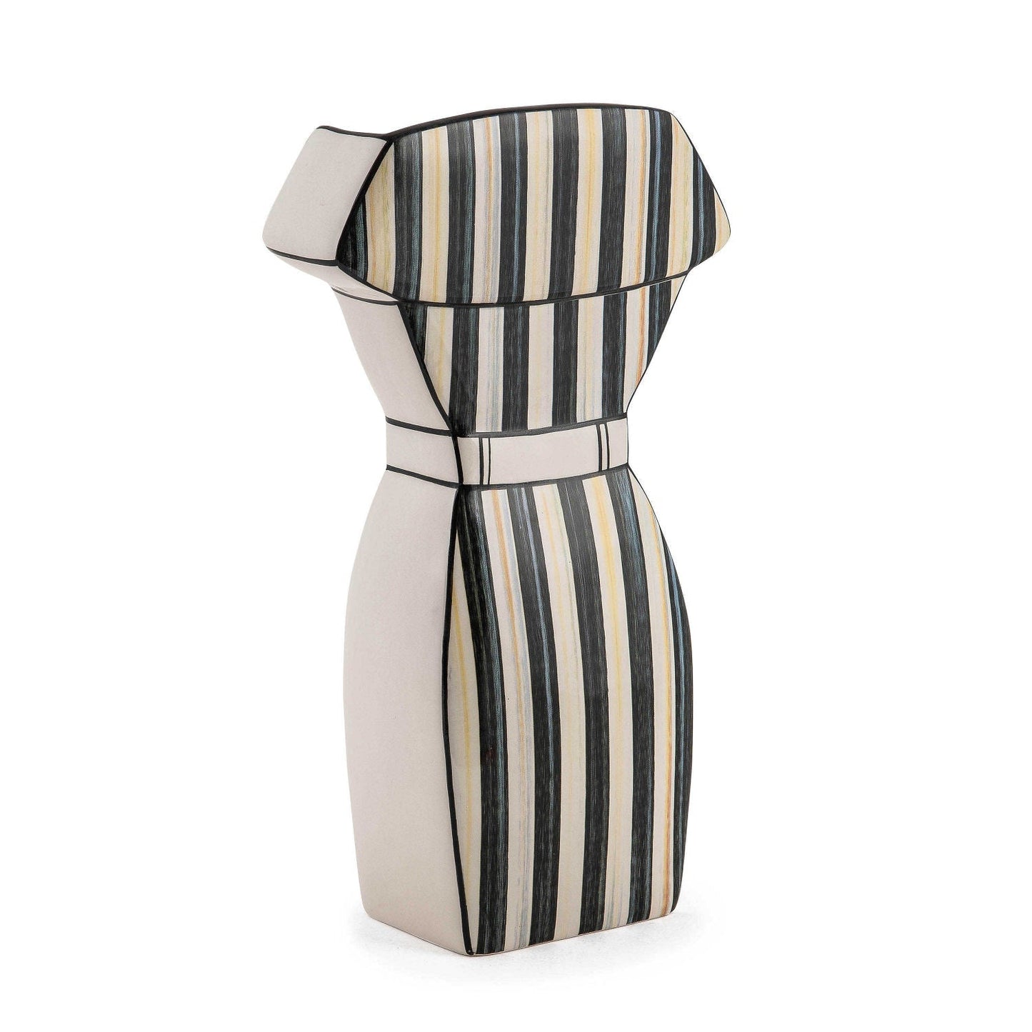 Keramická váza ve tvaru šatů Doodles, zdobená kreslenými motivy a černo-bílými proužky Courtly Stripe, Waterfall Bathrooms.
