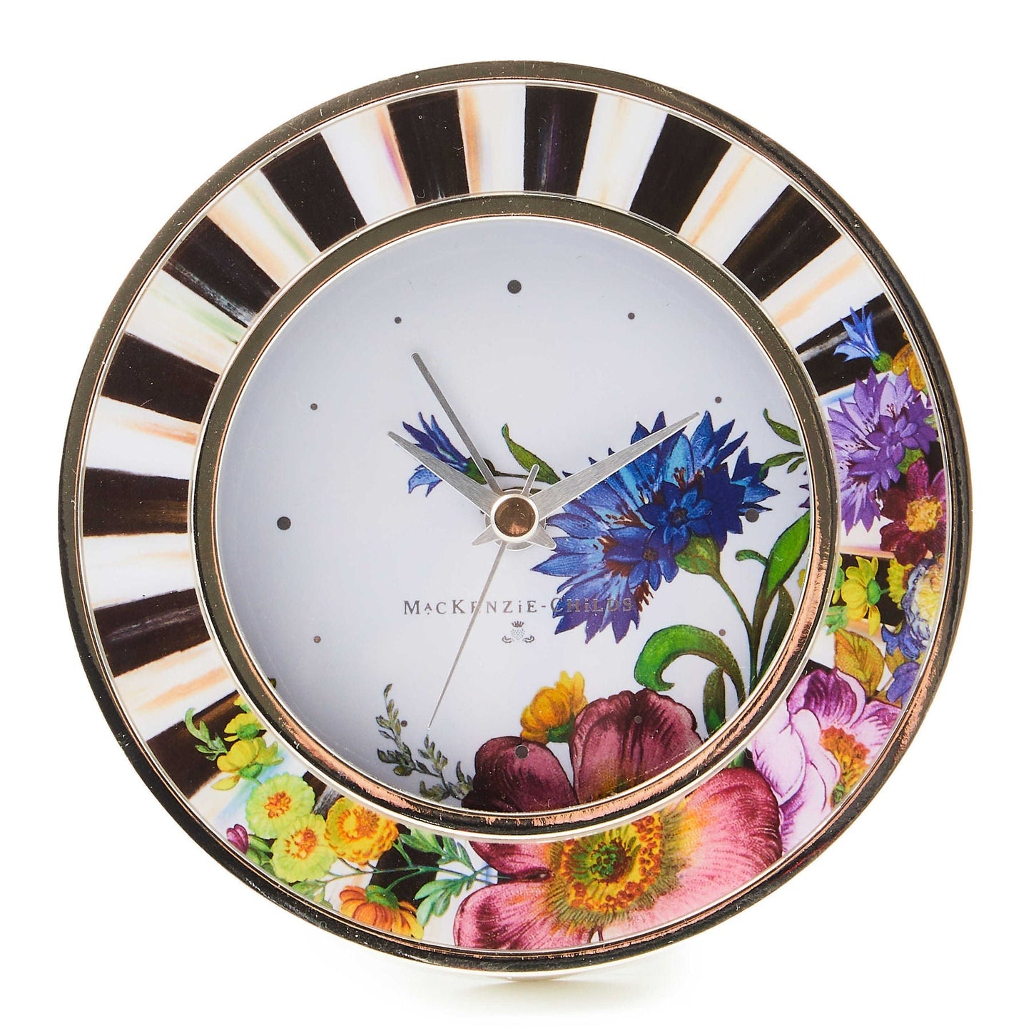 Kulaté postříbřené stolní hodiny Flower Market od MacKenzie-Childs, květinový a pruhovaný vzor, stříbrné, Waterfall Bathrooms.
