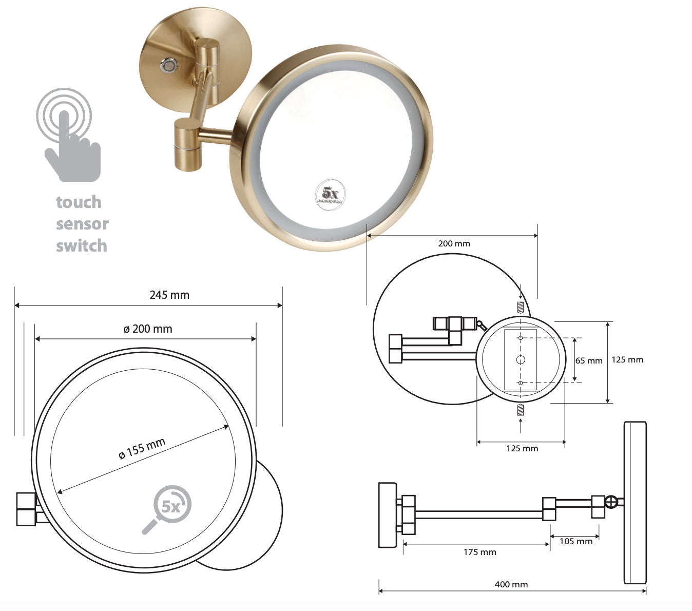 LED kosmetické zrcátko ø 200 mm matné zlaté | Champagne Gold