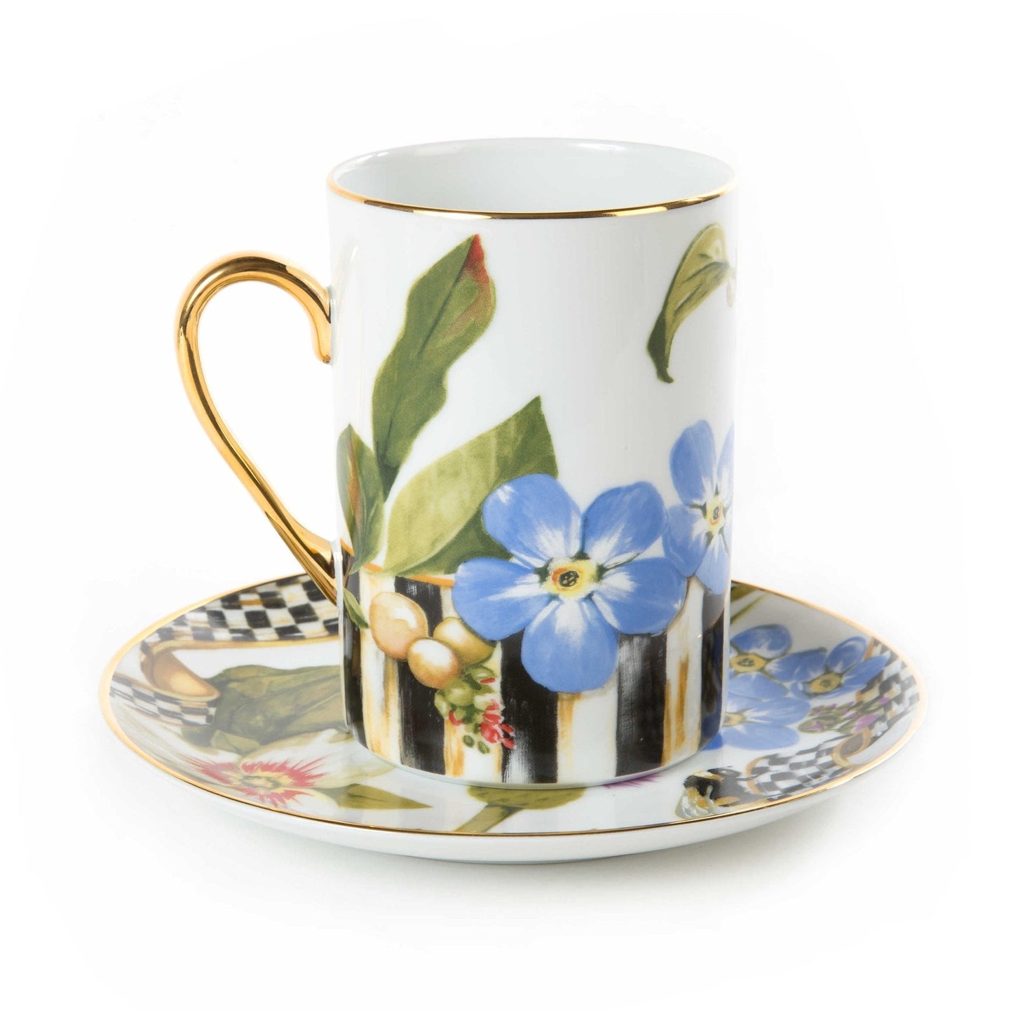 Luxusní porcelánový hrnek MacKenzie-Childs Thistle & Bee s motivem bodláků, divokých květů a zlatým okrajem Waterfall Bathrooms