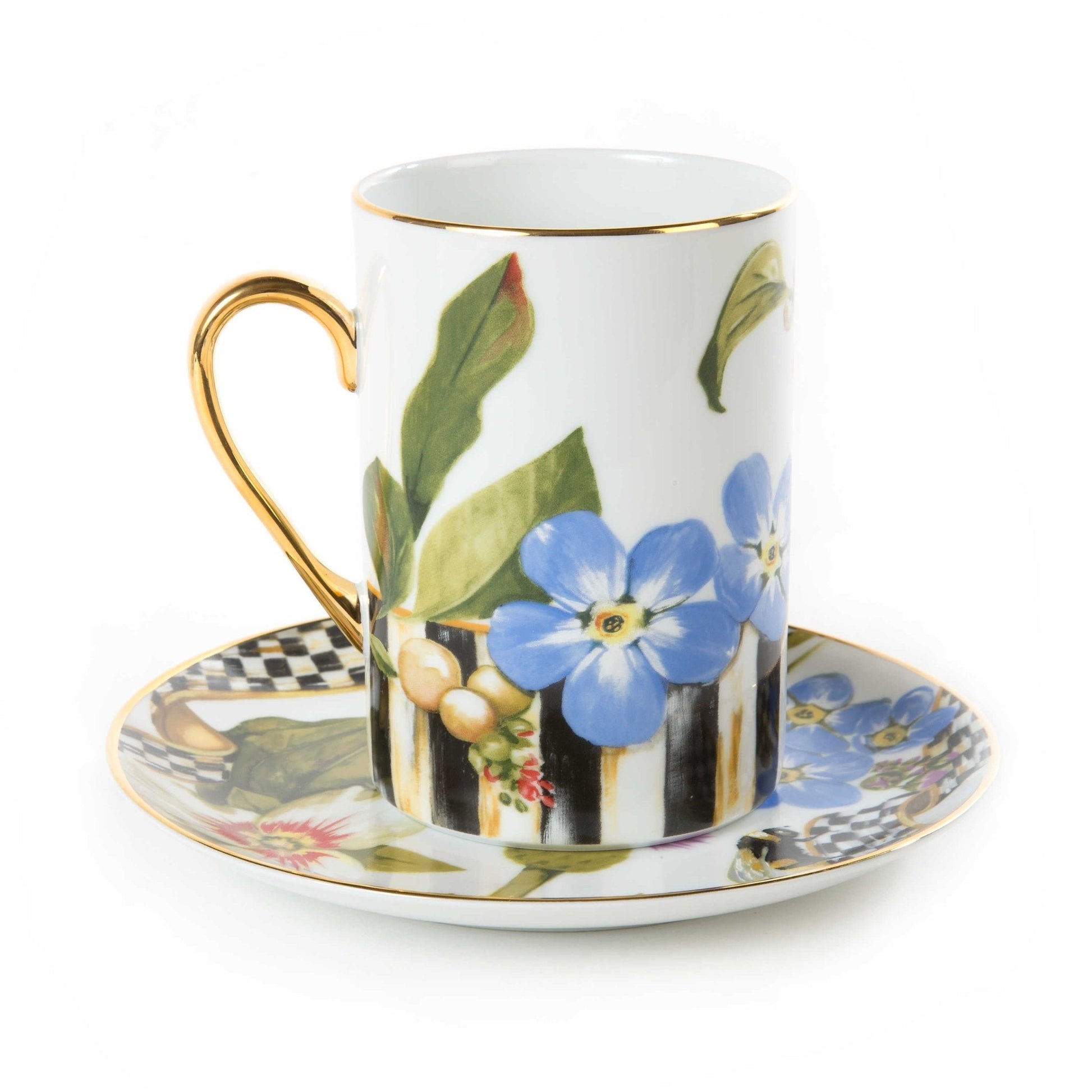 Luxusní porcelánový hrnek MacKenzie-Childs Thistle & Bee s motivem bodláků, divokých květů a zlatým okrajem Waterfall Bathrooms