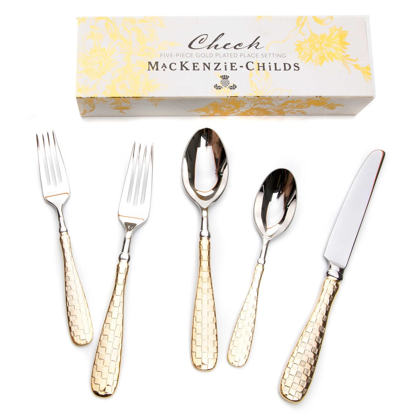 Luxusní kostkovaná sada 5 ks zlatých příborů MacKenzie-Childs Gold Check z nerezové oceli s 24k zlatem Waterfall Bathrooms