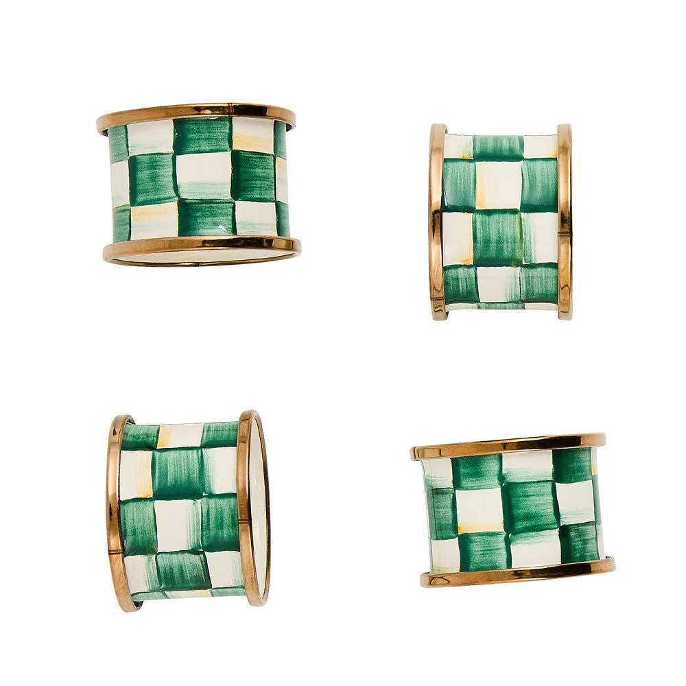 Luxusní sada 4 ks kostkovaných kroužků na ubrousky MacKenzie-Childs Emerald Check ze smaltované oceli smaragdově zelená Waterfall Bathrooms