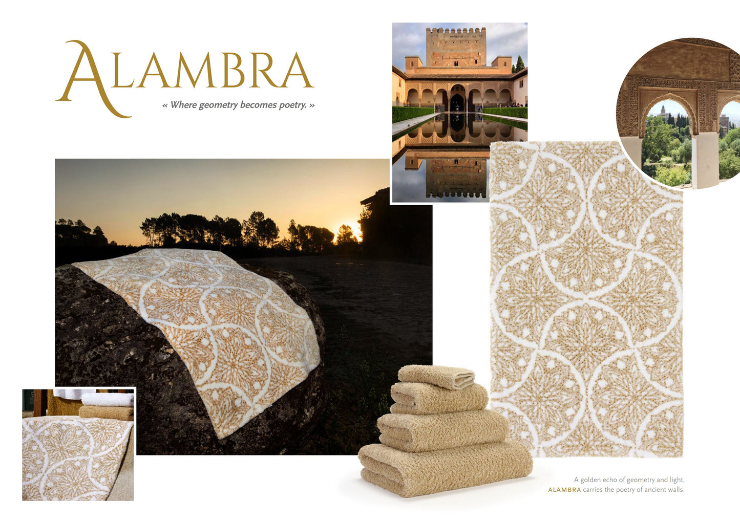 Luxusní obdélníková koupelnová předložka Alambra od Abyss & Habidecor s elegantním geometrickým vzorem v bílé, pískové a zlaté barvě Waterfall Bathrooms