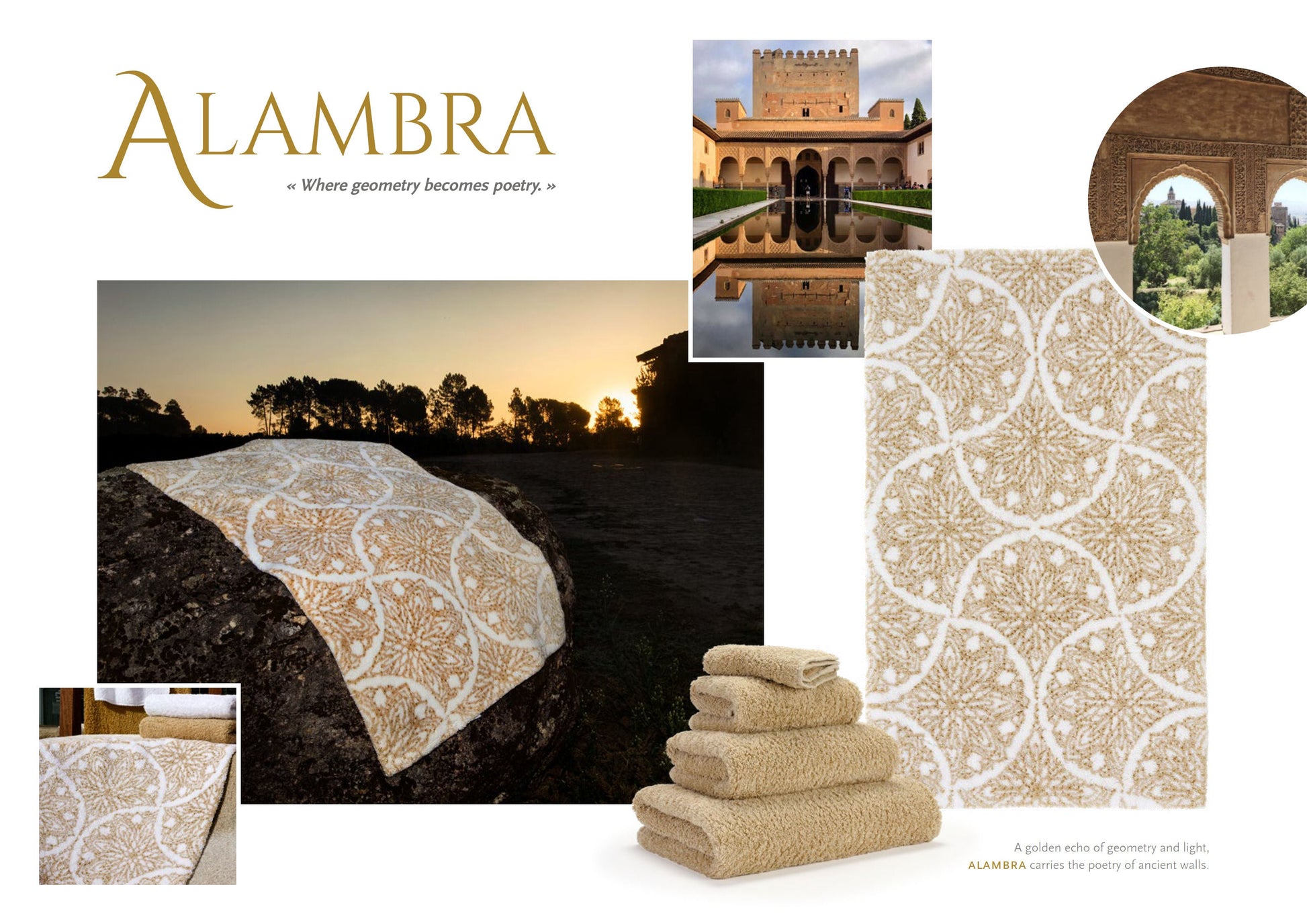 Luxusní obdélníková koupelnová předložka Alambra od Abyss & Habidecor s elegantním geometrickým vzorem v bílé, pískové a zlaté barvě Waterfall Bathrooms