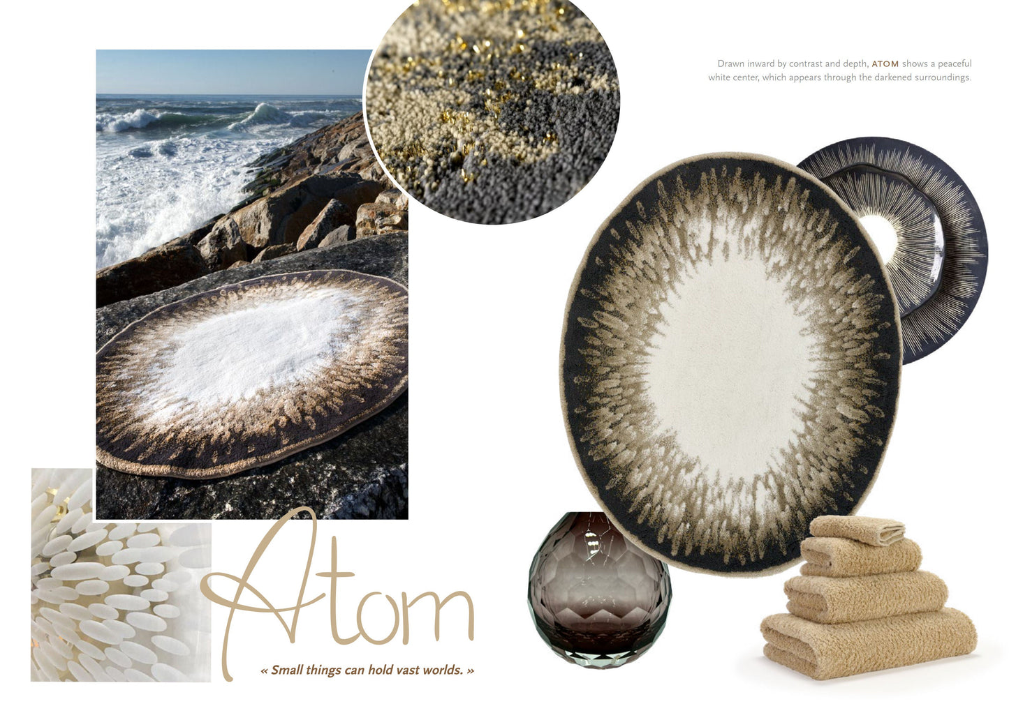 Luxusní oválná koupelnová předložka Atom od Abyss & Habidecor s bílým středem a tmavým žíhaným okrajem v přírodních tónech Waterfall Bathrooms