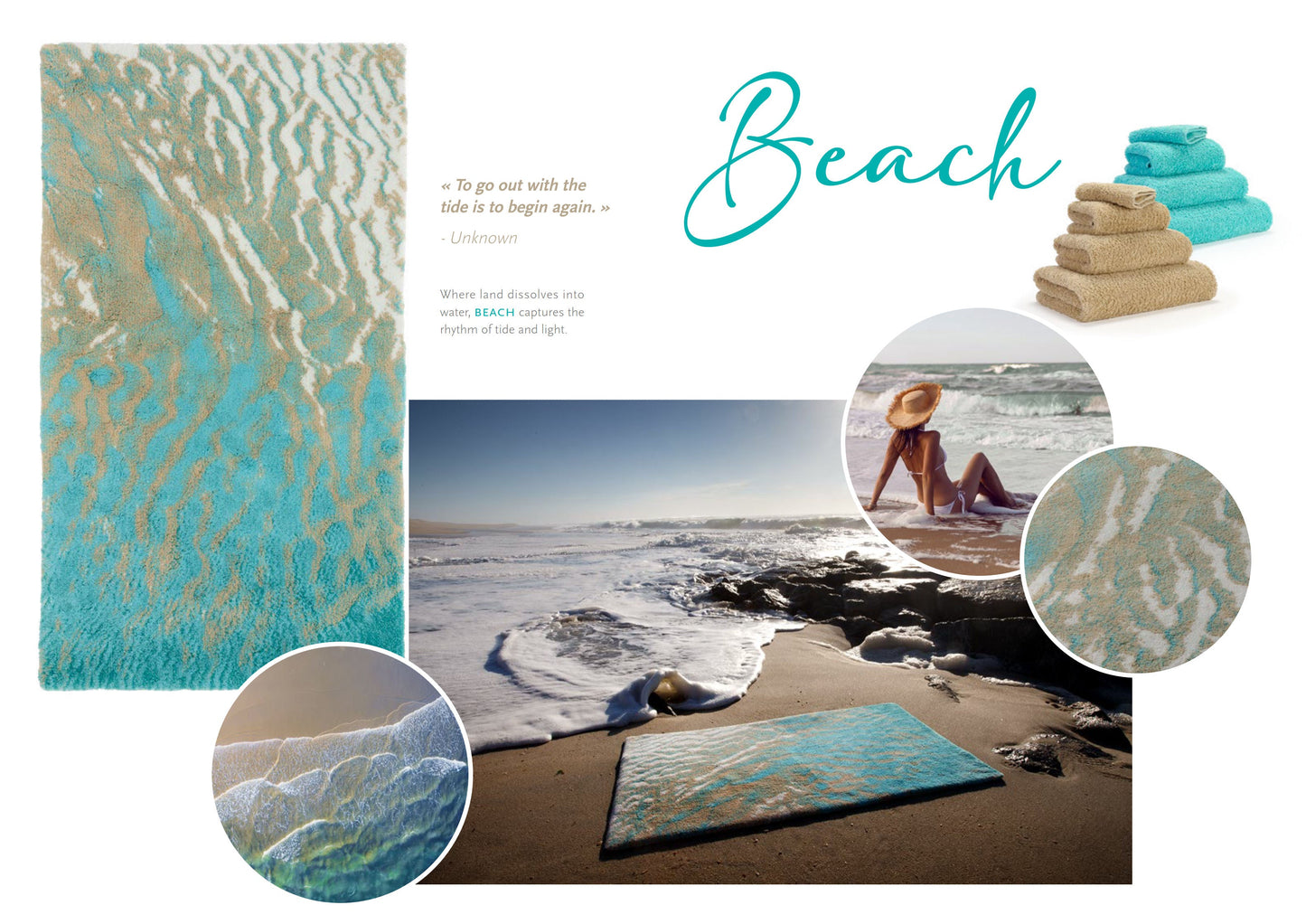 Luxusní koupelnová předložka Beach od Abyss & Habidecor v organickém vlnitém tvaru s přechodem pískové, tyrkysové a blankytně modré barvy Waterfall Bathrooms