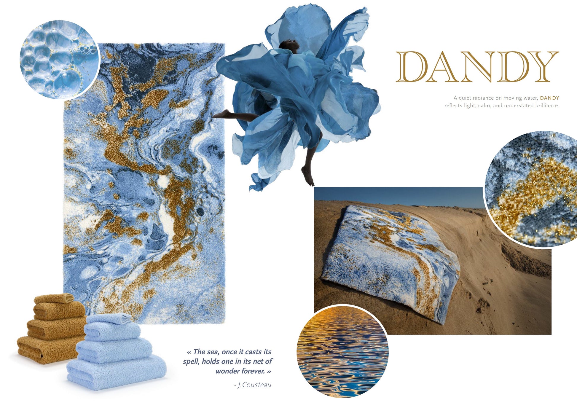 Luxusní obdélníková koupelnová předložka Dandy od Abyss & Habidecor s mramorovým vzorem v modrých, světle modrých a třpytivých zlatých tónech Waterfall Bathrooms