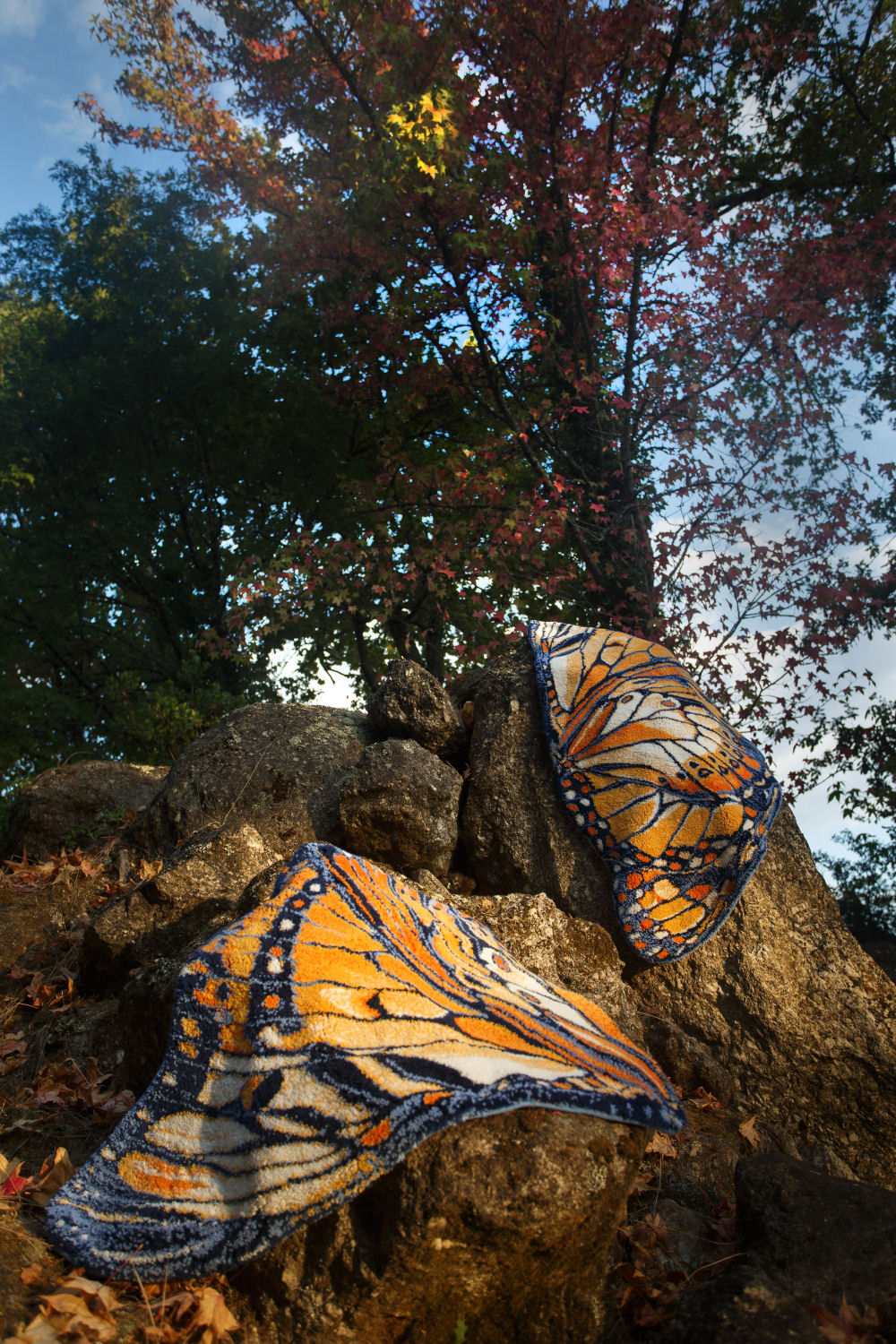 Luxusní koupelnová předložka Mariposa od Abyss & Habidecor ve tvaru detailně vykresleného oranžového a tmavě modrého motýlího křídla Waterfall Bathrooms
