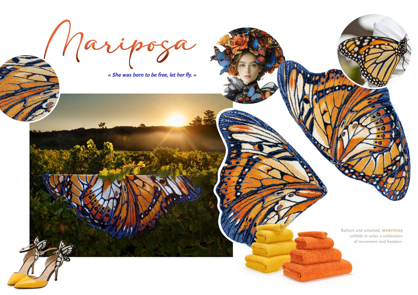 Luxusní koupelnová předložka Mariposa od Abyss & Habidecor ve tvaru detailně vykresleného oranžového a tmavě modrého motýlího křídla Waterfall Bathrooms