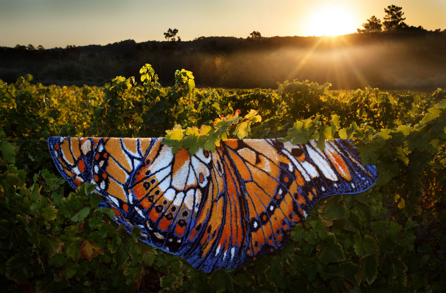 Luxusní koupelnová předložka Mariposa od Abyss & Habidecor ve tvaru detailně vykresleného oranžového a tmavě modrého motýlího křídla Waterfall Bathrooms