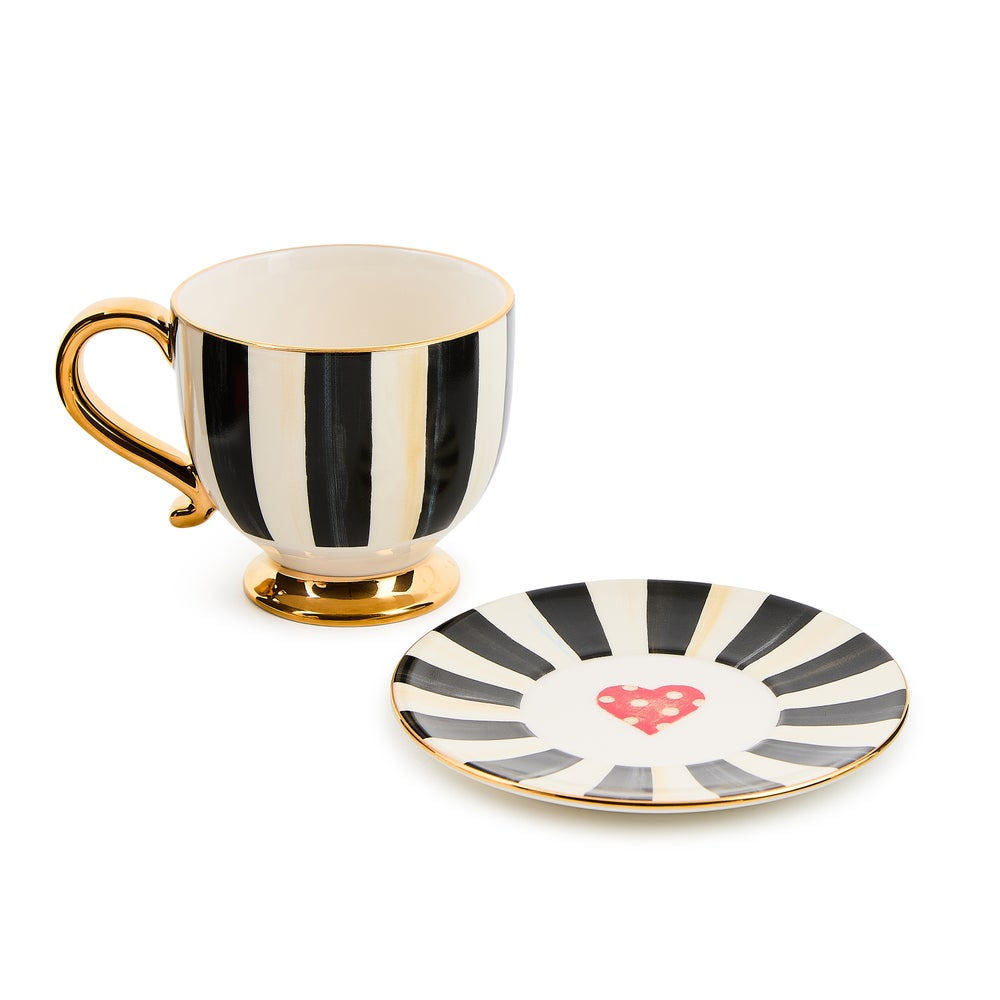 Luxusní porcelánový šálek na cappuccino s podšálkem MacKenzie-Childs Courtly Stripe černobílý se zlatem Waterfall Bathrooms