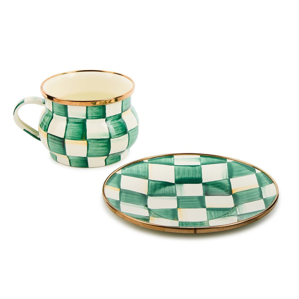 Luxusní smaltovaný šálek na čaj MacKenzie-Childs Emerald Check se zeleným kostkovaným vzorem Waterfall Bathrooms