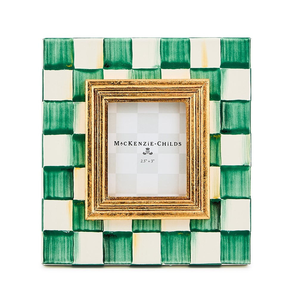 Luxusní malý kostkovaný fotorámeček MacKenzie-Childs Emerald Check ze silnostěnné smaltované oceli smaragdově zelený Waterfall Bathrooms