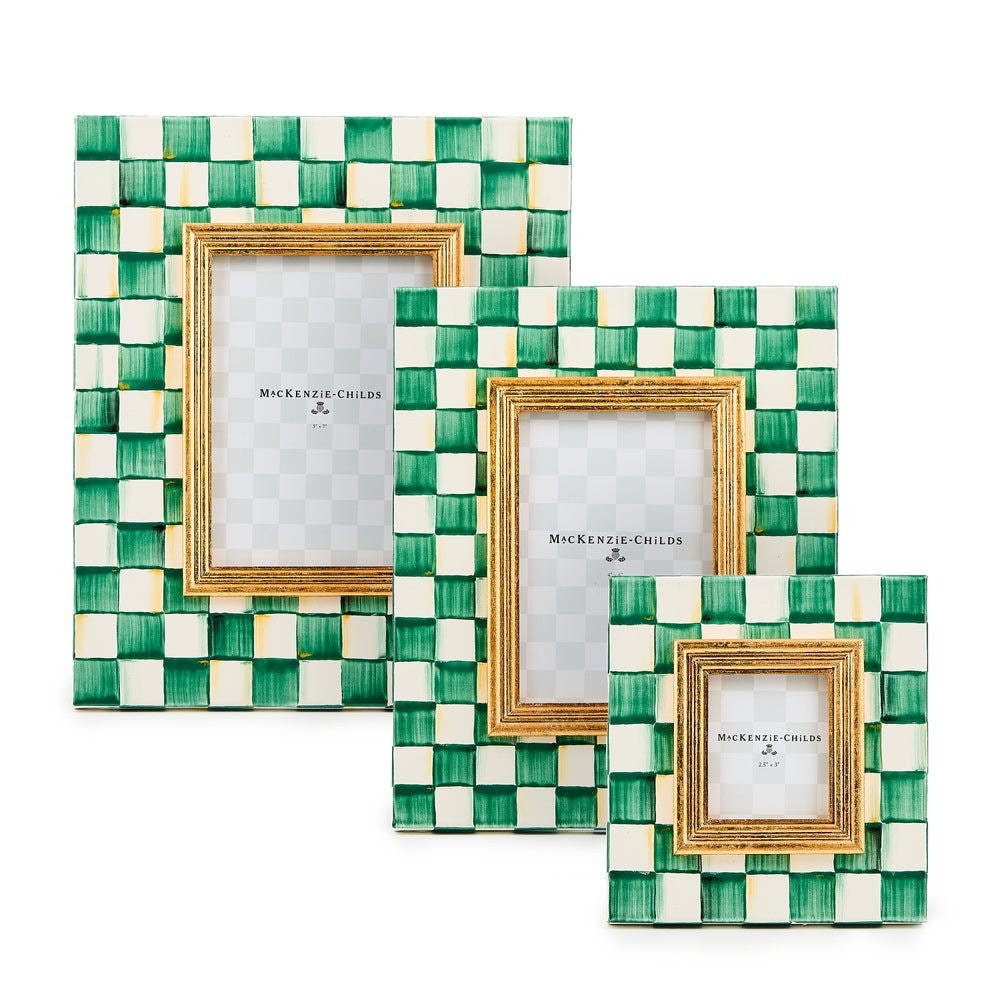 Luxusní malý kostkovaný fotorámeček MacKenzie-Childs Emerald Check ze silnostěnné smaltované oceli smaragdově zelený Waterfall Bathrooms