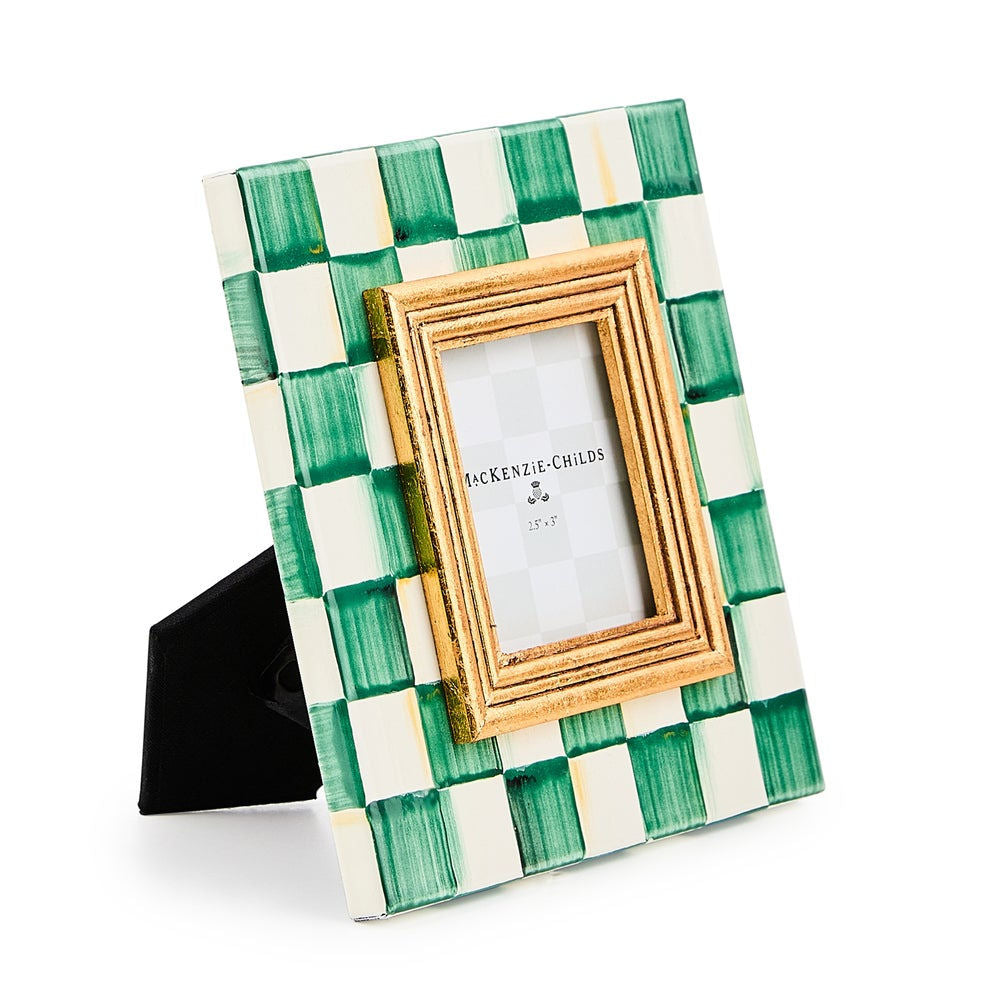 Luxusní malý kostkovaný fotorámeček MacKenzie-Childs Emerald Check ze silnostěnné smaltované oceli smaragdově zelený Waterfall Bathrooms