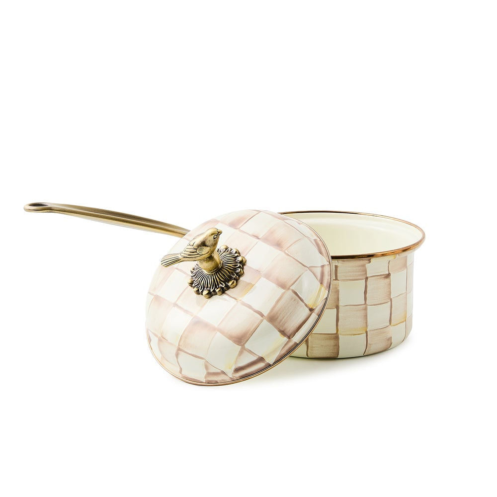 Luxusní smaltovaný rendlík 2,4 l ø 20 cm MacKenzie-Childs Mocha Check s poklicí Waterfall Bathrooms
