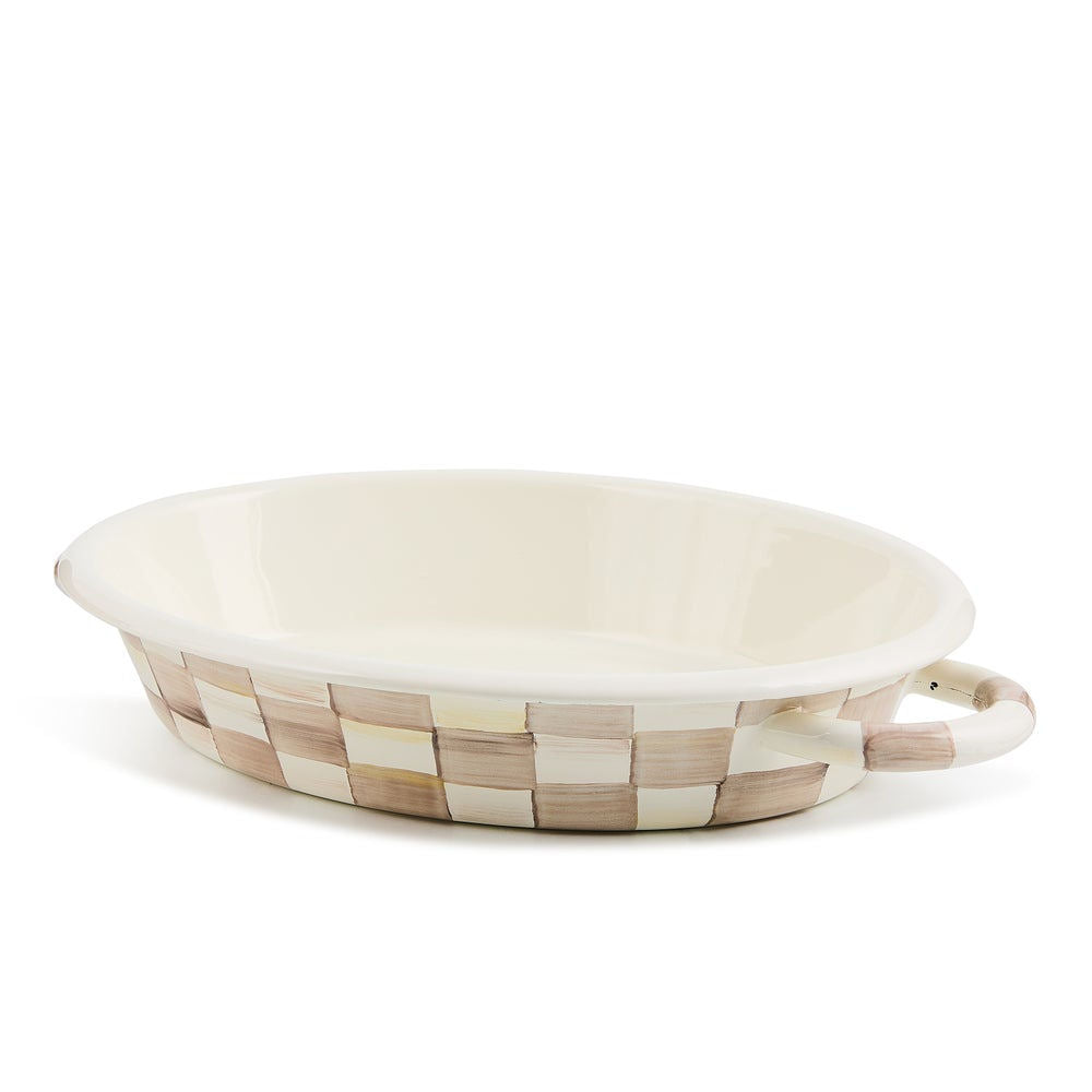 Luxusní střední oválná zapékací mísa MacKenzie-Childs Mocha Check hnědo-bílý Waterfall Bathrooms