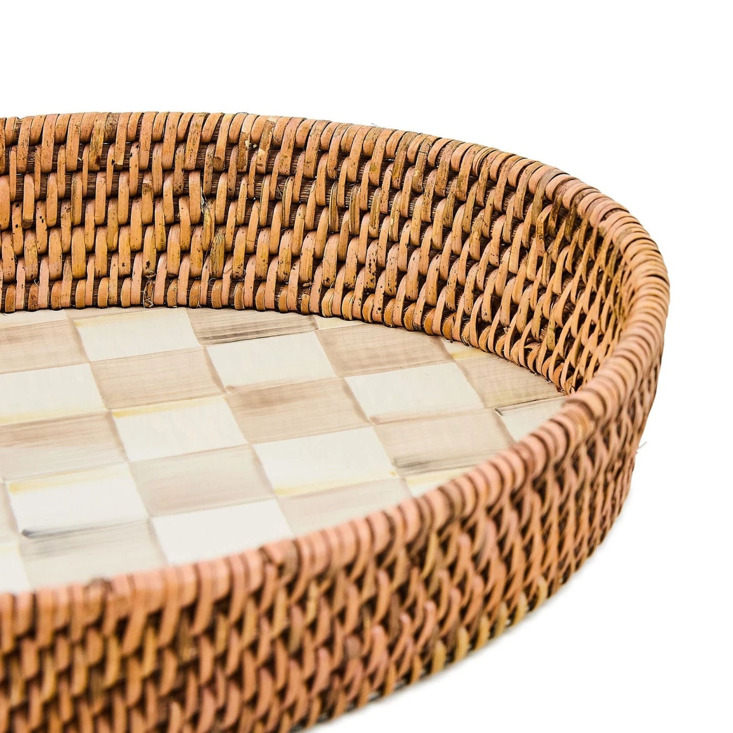 Luxusní velký oválný kostkovaný podnos MacKenzie-Childs Mocha Check ze smaltované oceli s ratanovým okrajem Waterfall Bathrooms