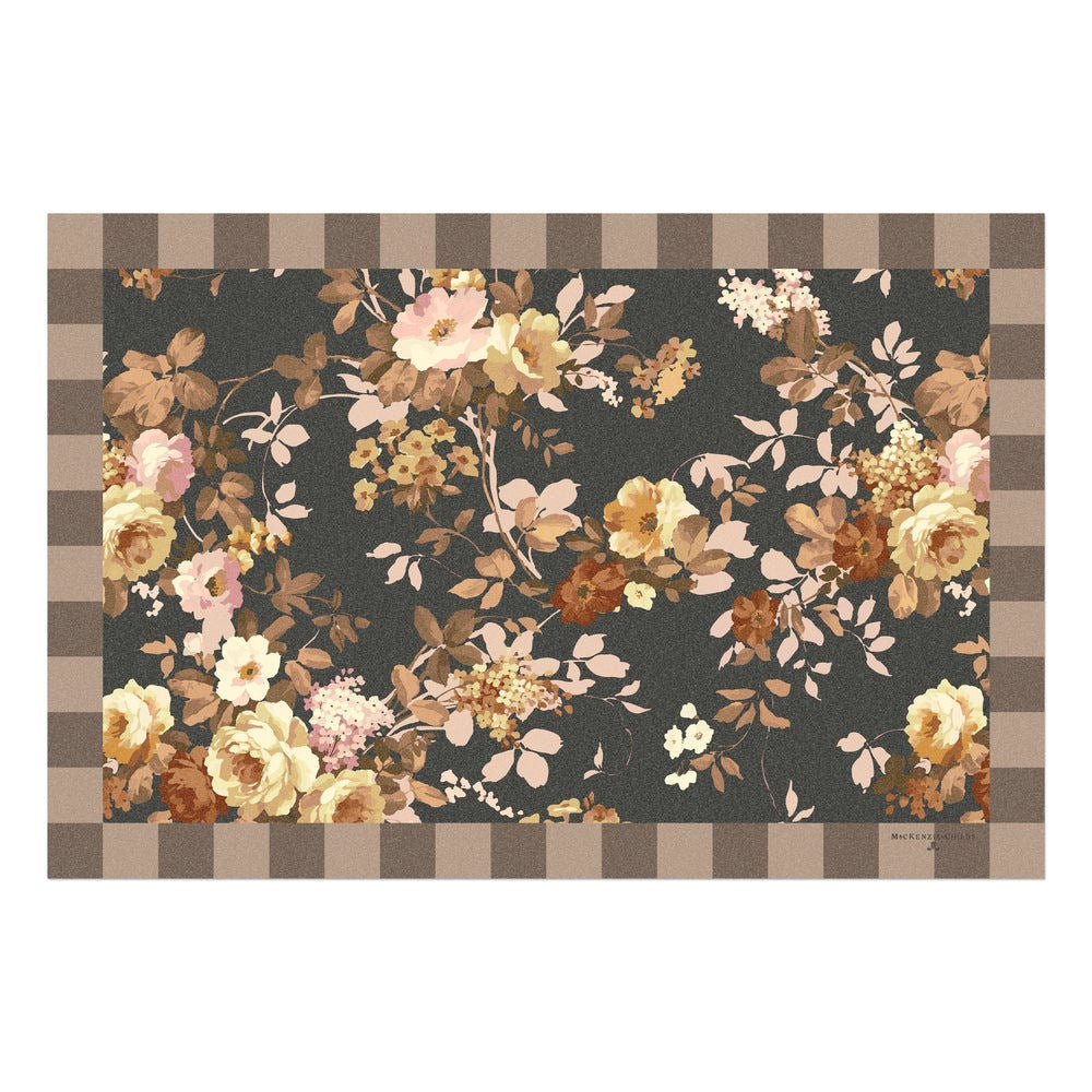 Luxusní vinylový kobereček MacKenzie-Childs Cafe Floral s květinovým vzorem a Mocha Check lemem Waterfall Bathrooms